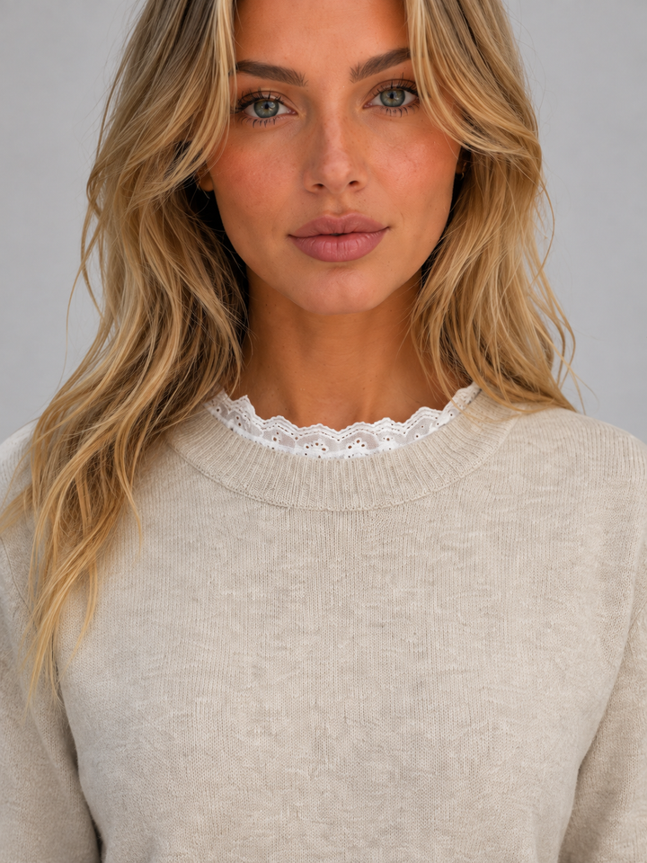 Lace Trim Knit Sweater for Women – Crew Neck, Buttoned Lace Cuffs in Beige