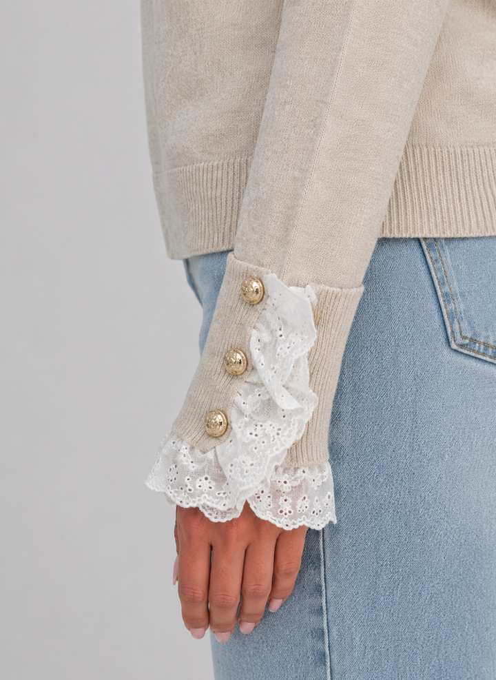 Lace Trim Knit Sweater for Women – Crew Neck, Buttoned Lace Cuffs in Beige