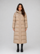 Padded Longline Puffer Coat for Women – Attached Hood, High Neck, Side Pockets