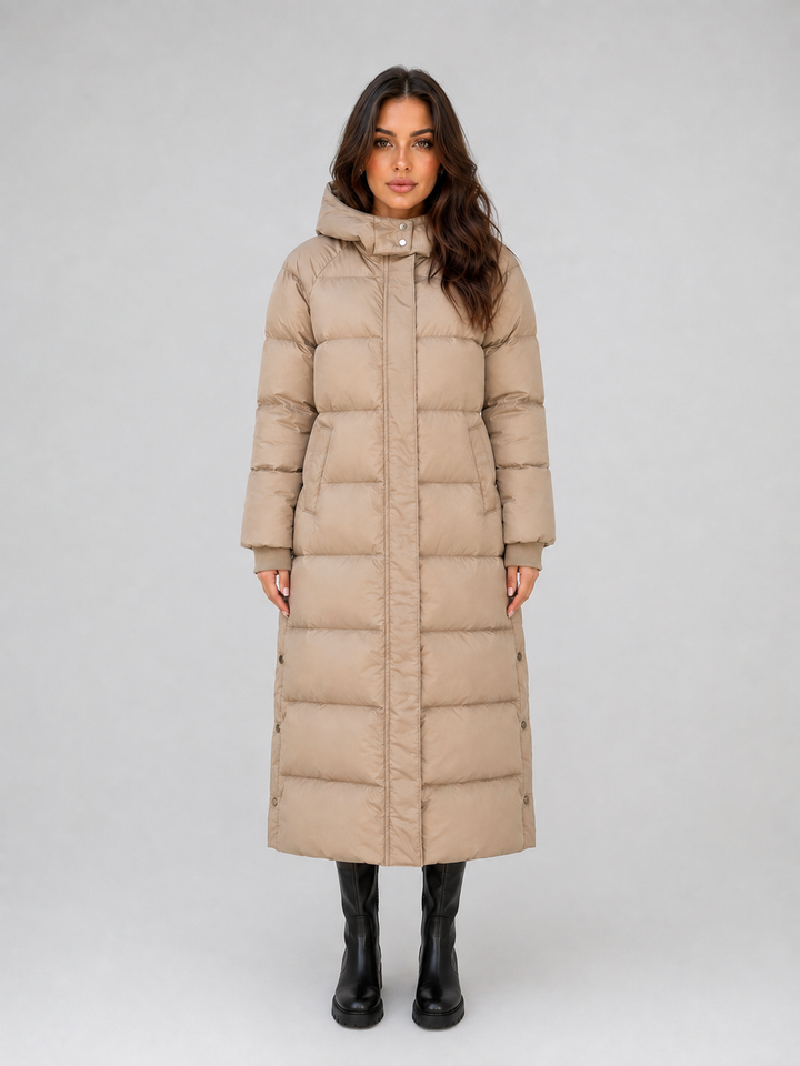 Padded Longline Puffer Coat for Women – Attached Hood, High Neck, Side Pockets