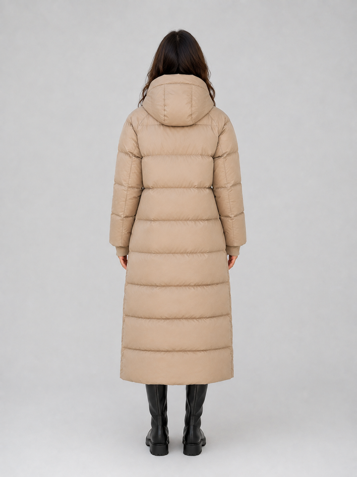 Padded Longline Puffer Coat for Women – Attached Hood, High Neck, Side Pockets