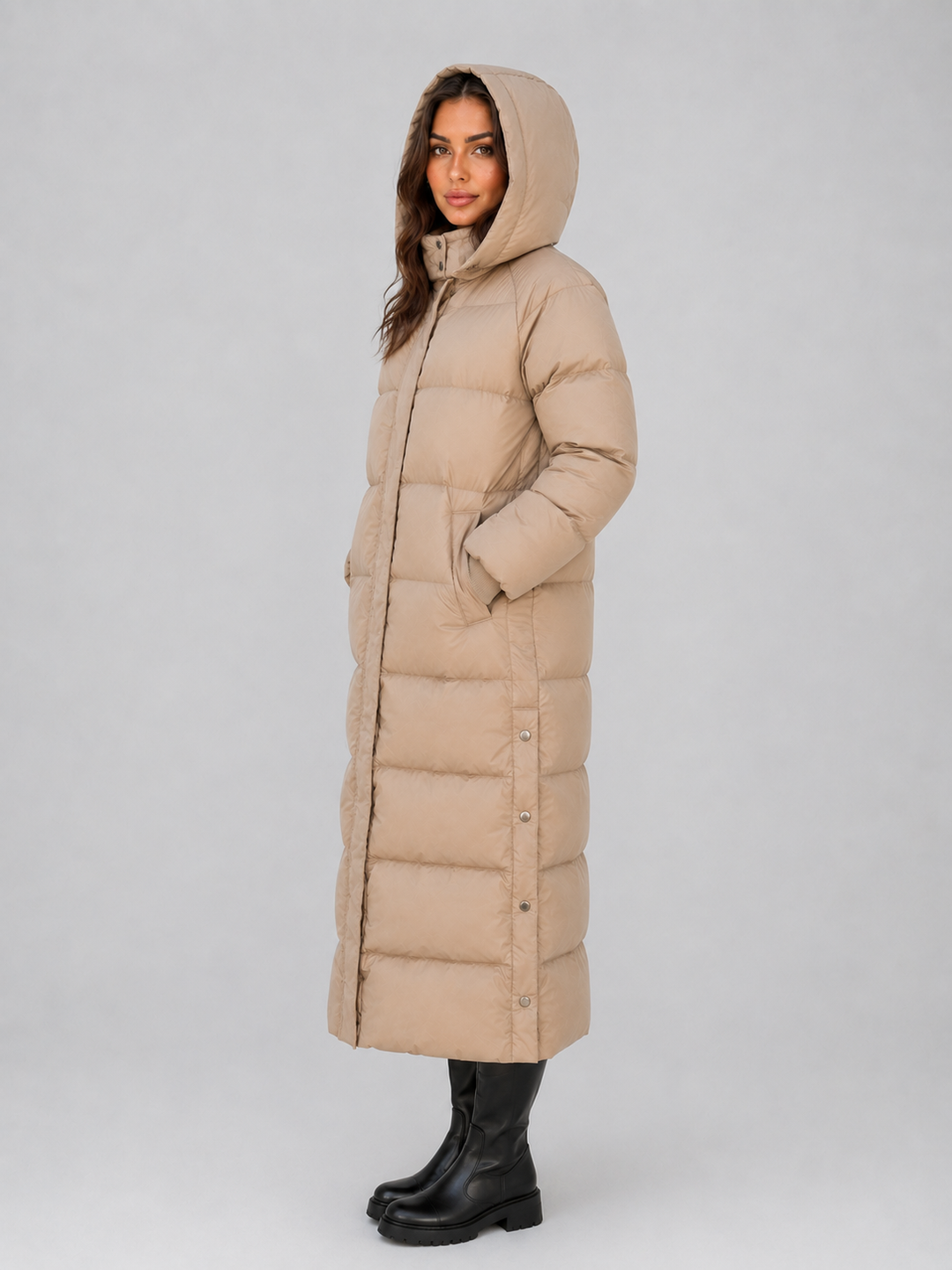 Padded Longline Puffer Coat for Women – Attached Hood, High Neck, Side Pockets