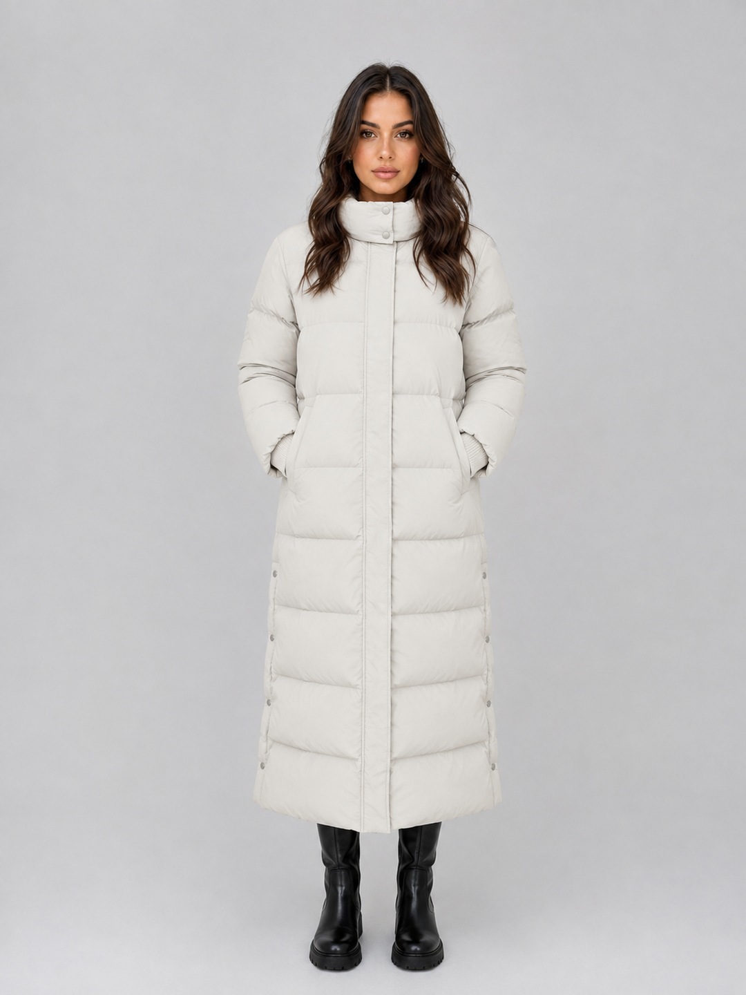 Padded Longline Puffer Coat for Women – Attached Hood, High Neck, Side Pockets