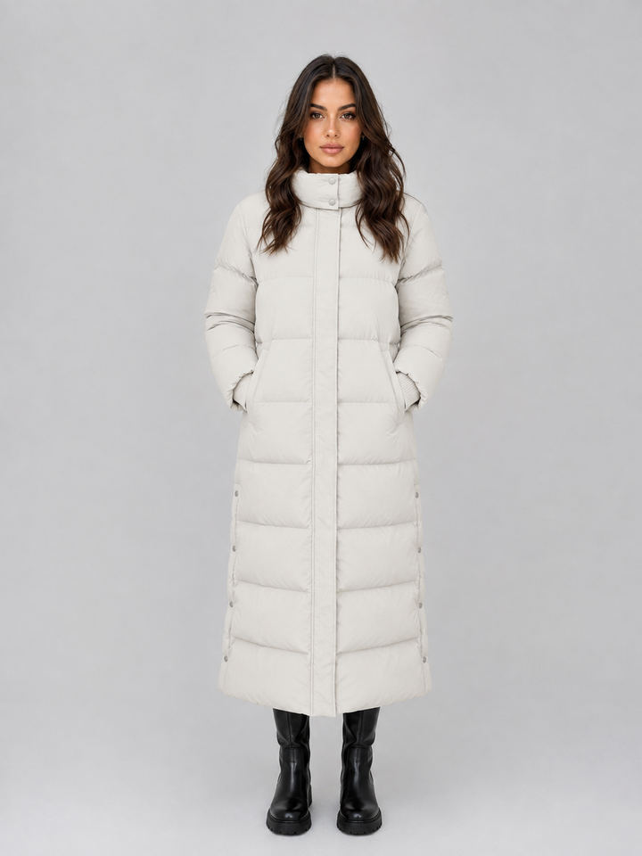 Padded Longline Puffer Coat for Women – Attached Hood, High Neck, Side Pockets