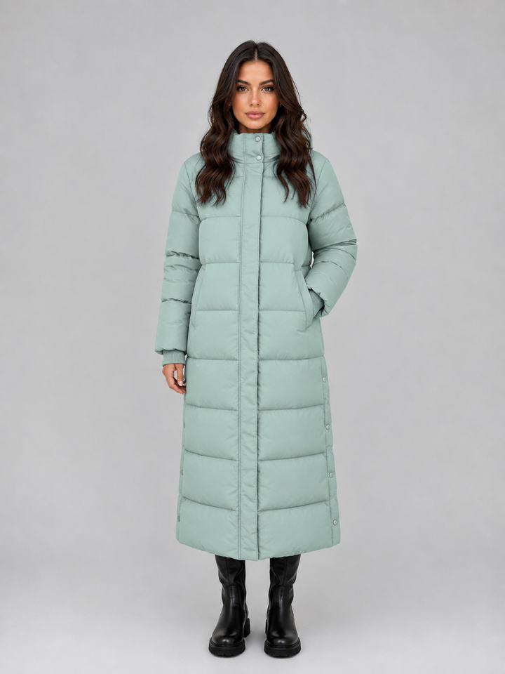 Padded Longline Puffer Coat for Women – Attached Hood, High Neck, Side Pockets