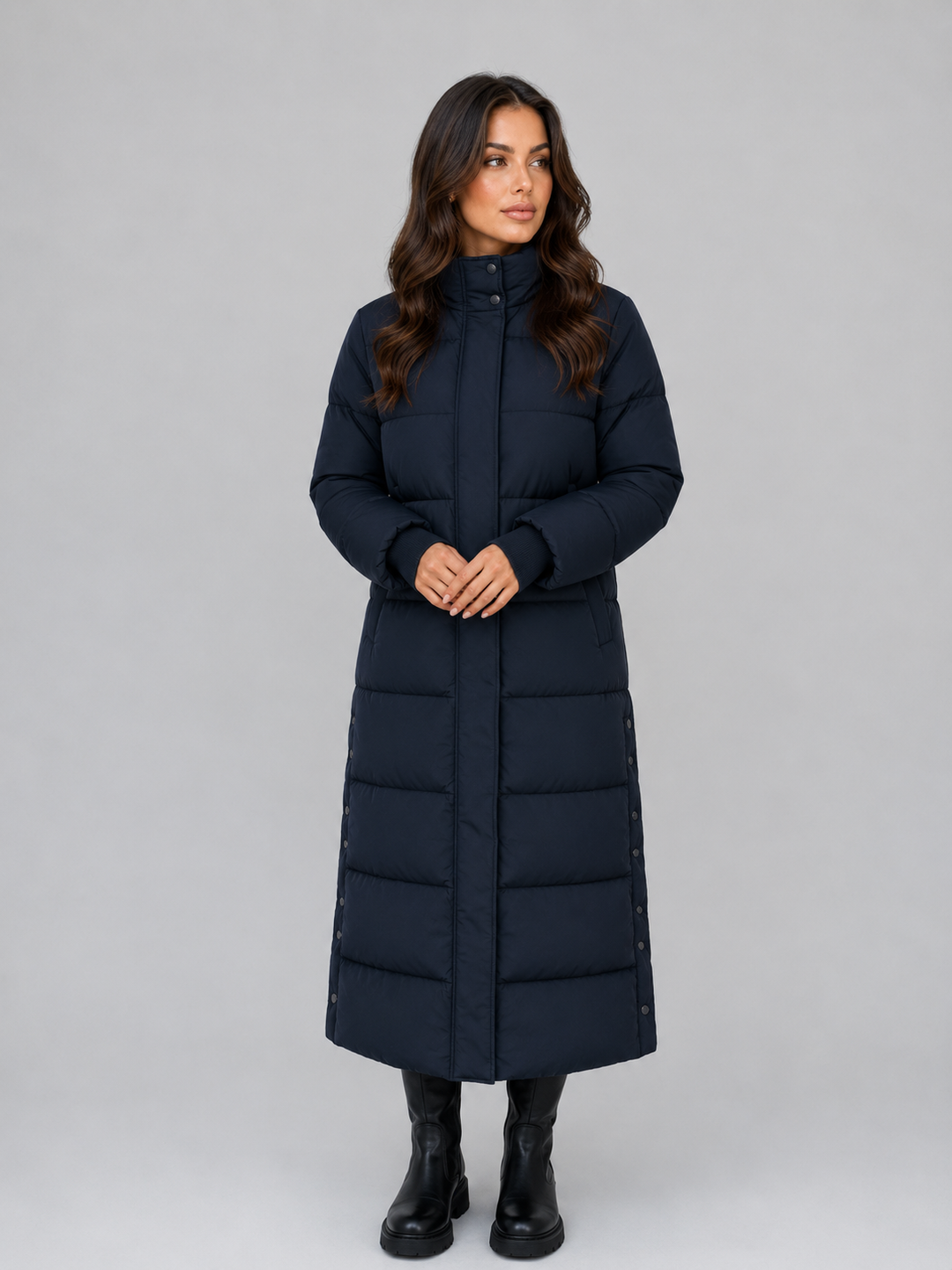 Padded Longline Puffer Coat for Women – Attached Hood, High Neck, Side Pockets