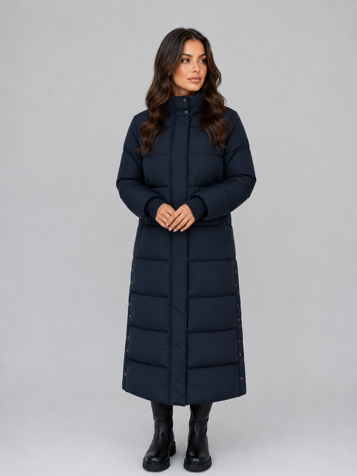 Padded Longline Puffer Coat for Women – Attached Hood, High Neck, Side Pockets