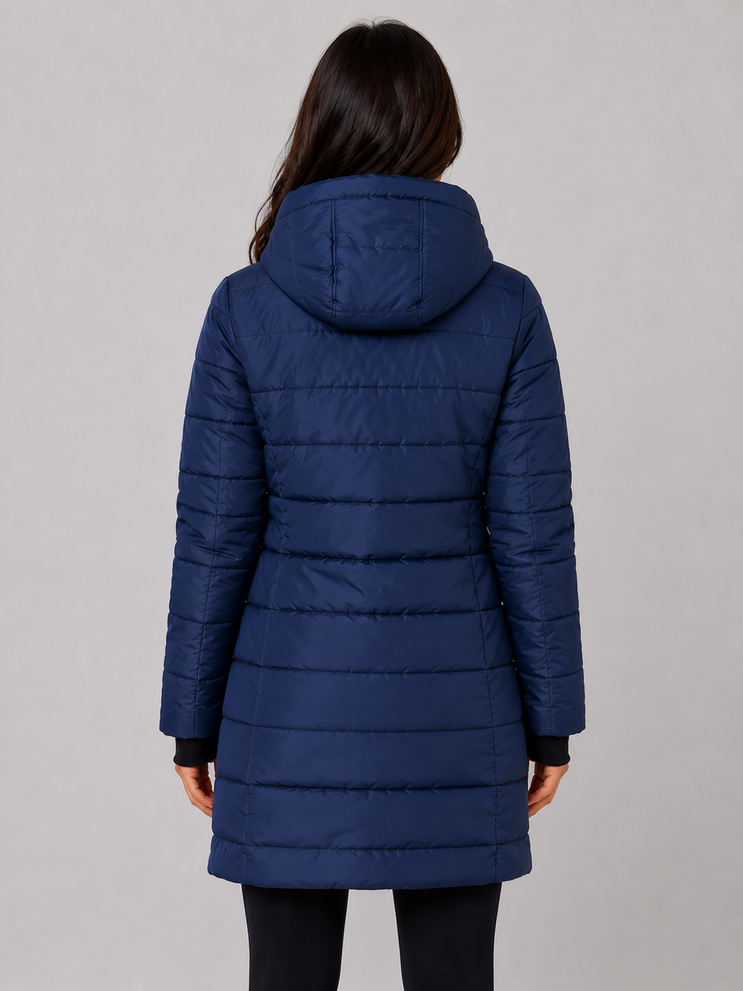 Hooded Long Puffer Coat for Women – Padded Quilting, Full Zip, Ribbed Cuffs