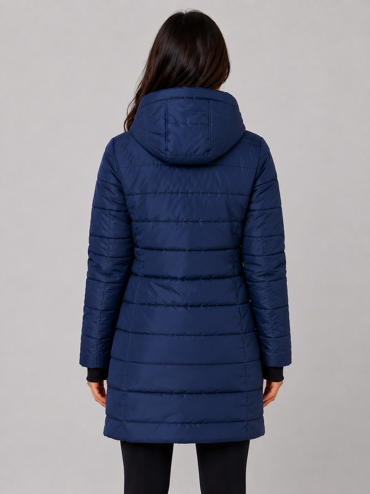 Hooded Long Puffer Coat for Women – Padded Quilting, Full Zip, Ribbed Cuffs