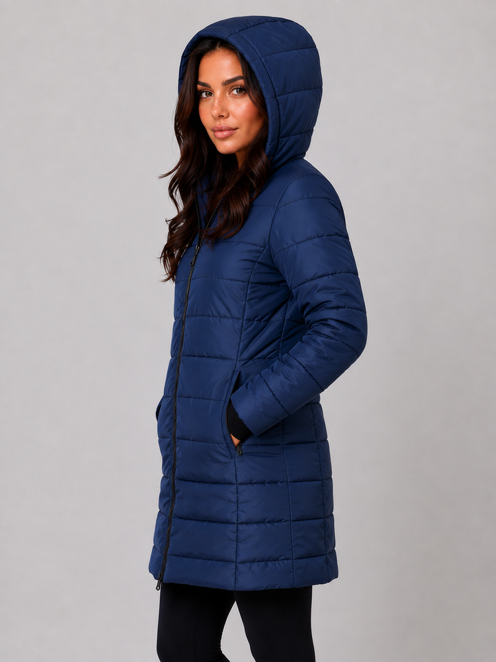 Hooded Long Puffer Coat for Women – Padded Quilting, Full Zip, Ribbed Cuffs