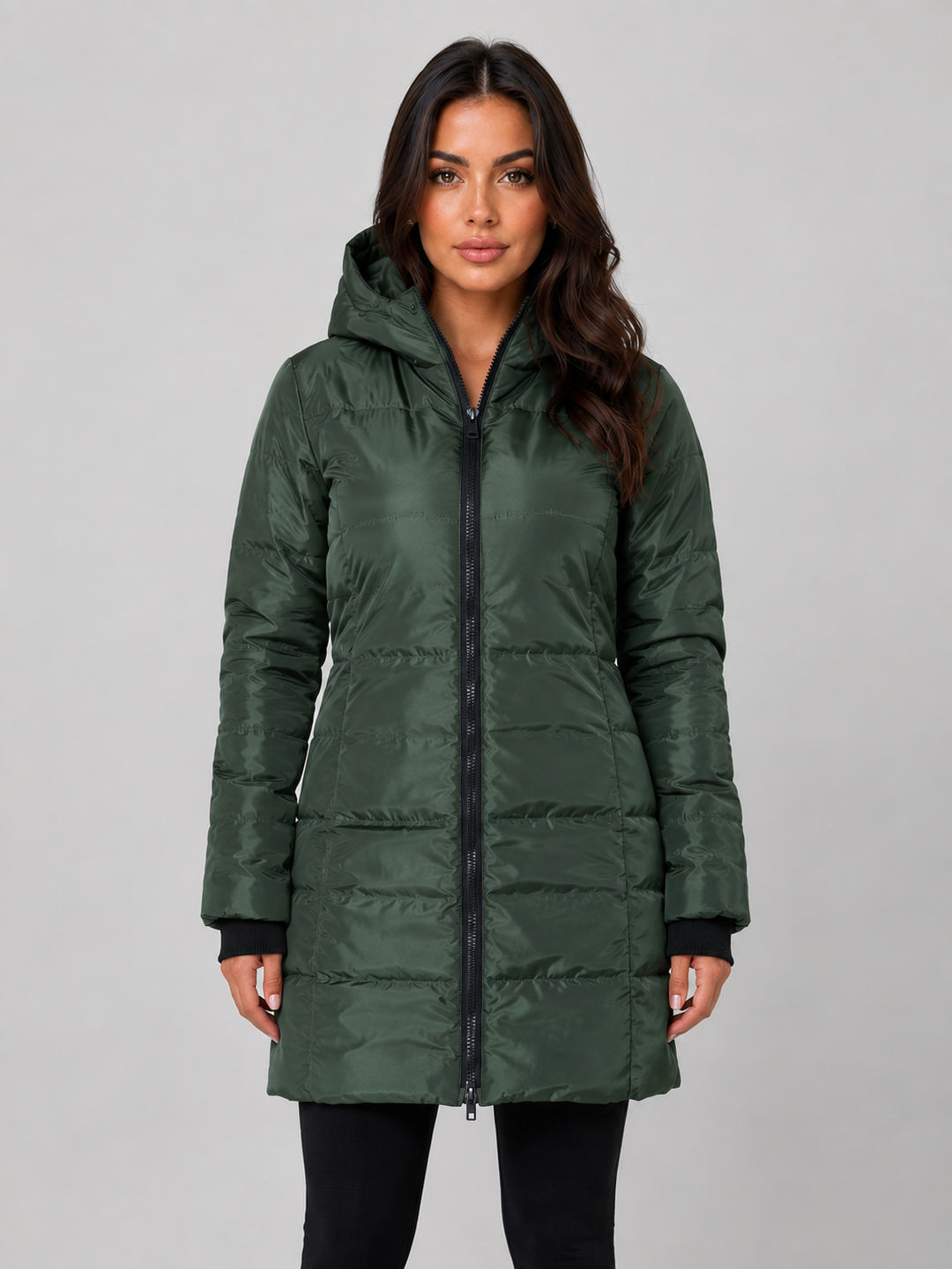 Hooded Long Puffer Coat for Women – Padded Quilting, Full Zip, Ribbed Cuffs