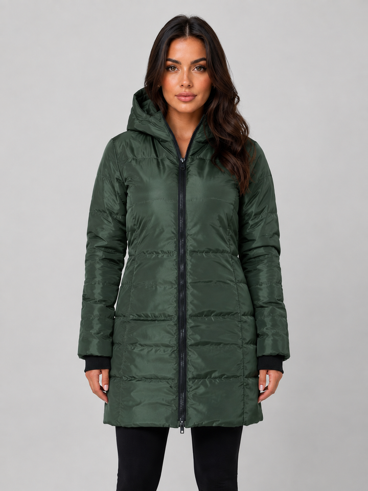 Hooded Long Puffer Coat for Women – Padded Quilting, Full Zip, Ribbed Cuffs