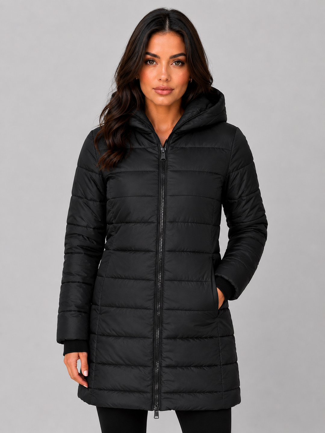 Hooded Long Puffer Coat for Women – Padded Quilting, Full Zip, Ribbed Cuffs