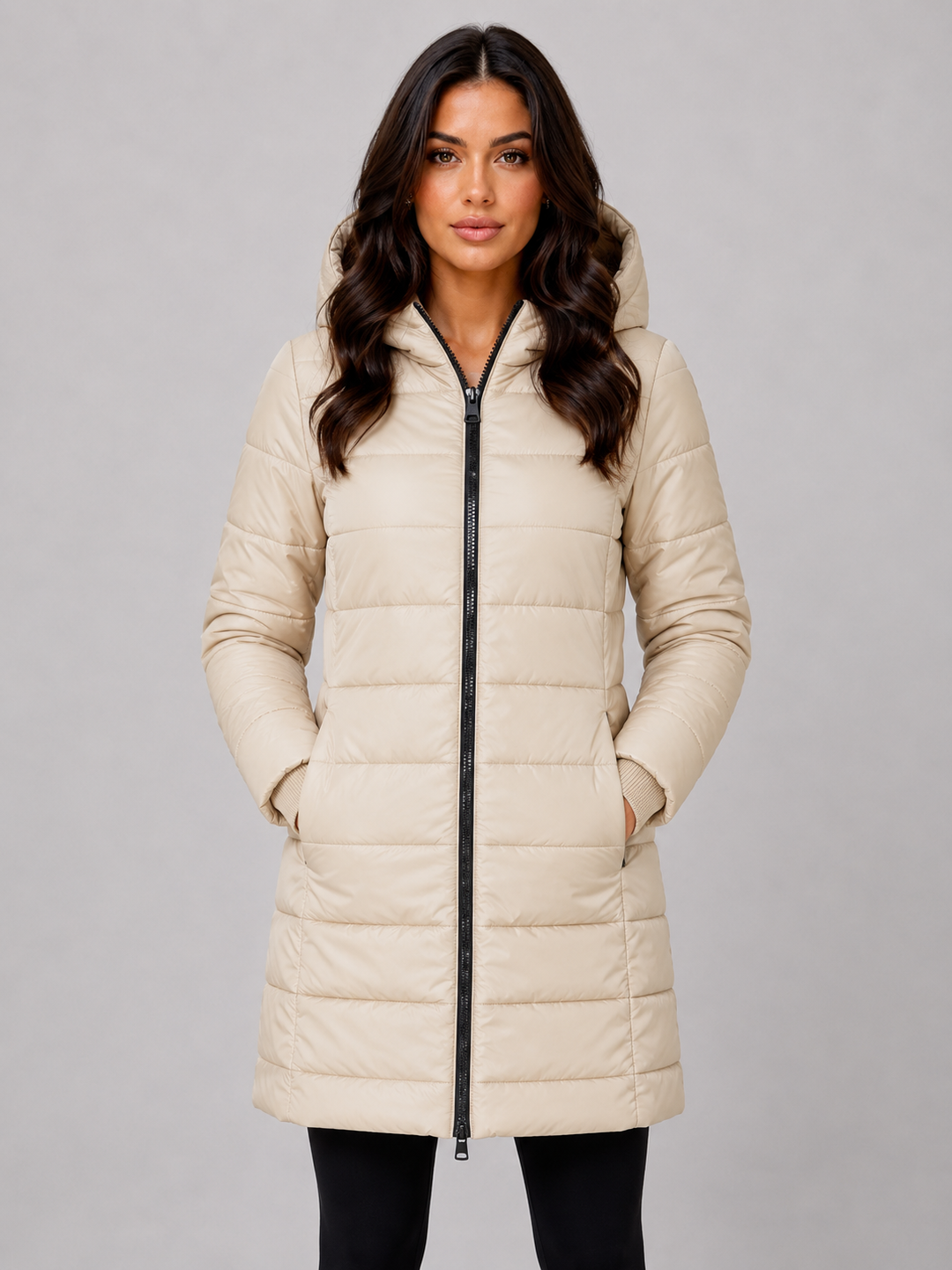 Hooded Long Puffer Coat for Women – Padded Quilting, Full Zip, Ribbed Cuffs