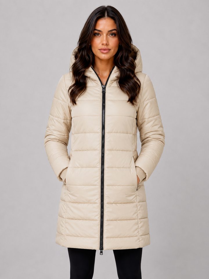 Hooded Long Puffer Coat for Women – Padded Quilting, Full Zip, Ribbed Cuffs