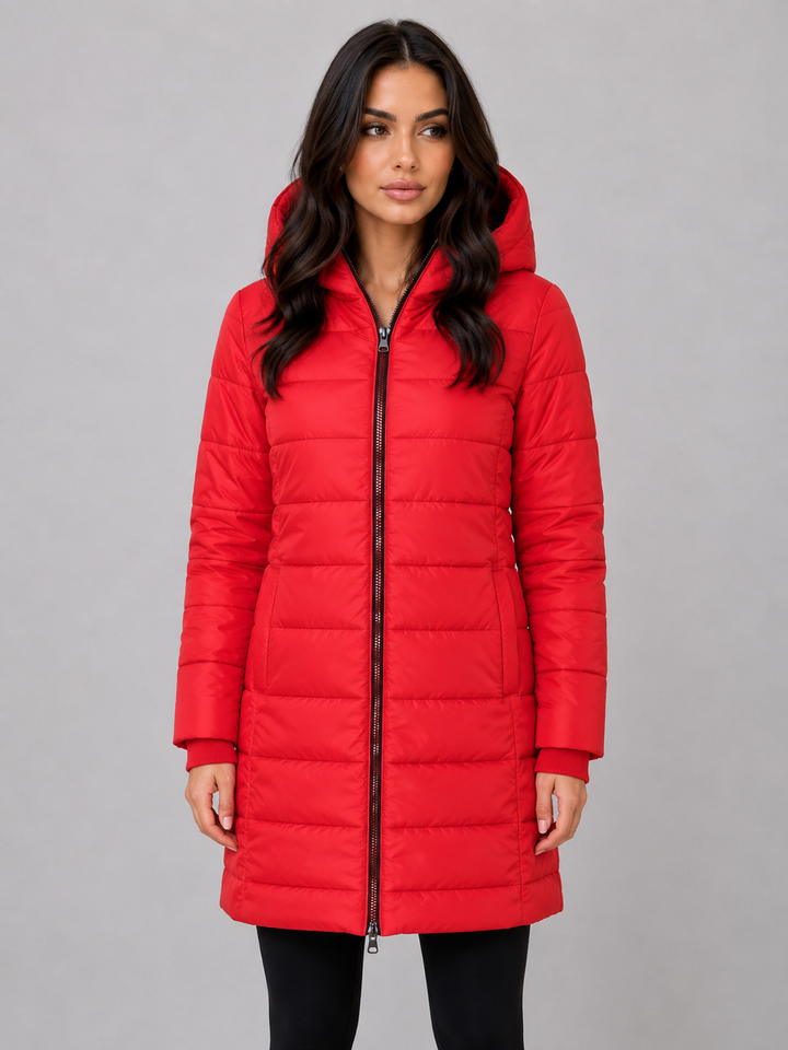 Hooded Long Puffer Coat for Women – Padded Quilting, Full Zip, Ribbed Cuffs