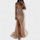 Women's Party Dress | Maxi Sequin Off Shoulder Ruched High Slit