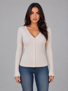Fitted Ribbed Knit Cardigan for Women – V-Neck, Decorative Buttons, Hip Length in Beige