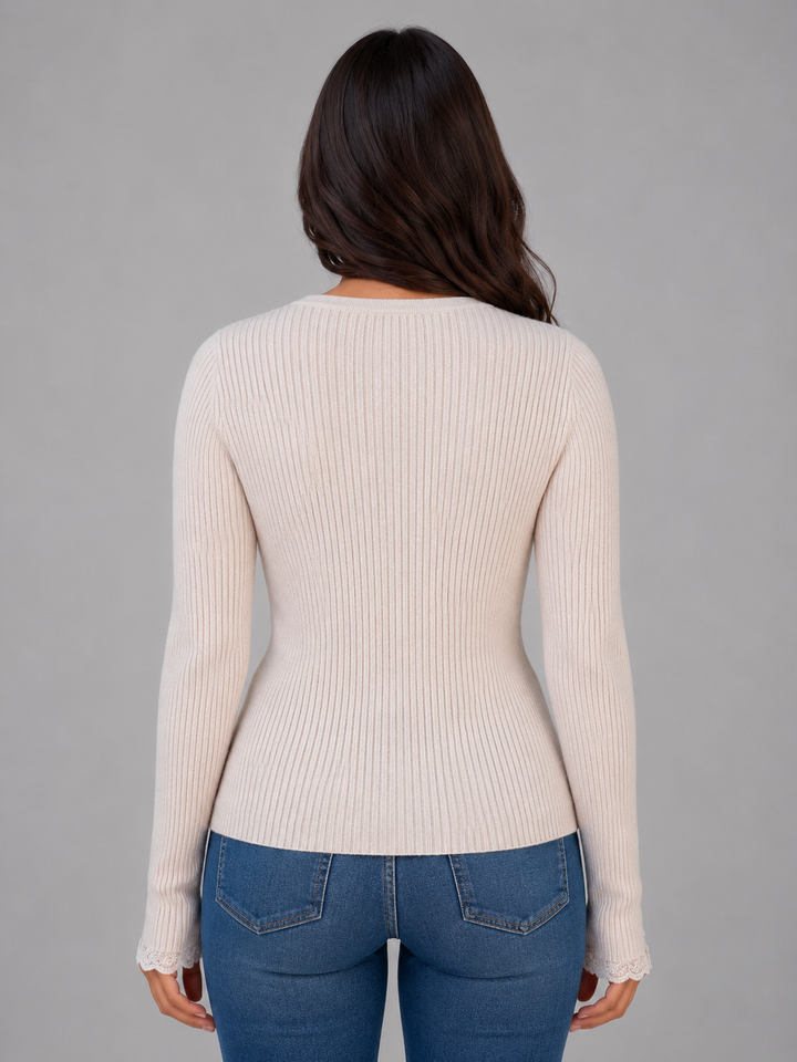 Fitted Ribbed Knit Cardigan for Women – V-Neck, Decorative Buttons, Hip Length in Beige