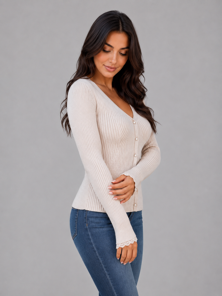 Fitted Ribbed Knit Cardigan for Women – V-Neck, Decorative Buttons, Hip Length in Beige