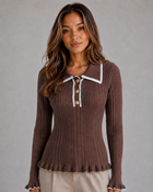 Fitted Ribbed Polo Sweater for Women – Contrast Collar, Gold-Tone Buttons, Ruffle Cuffs