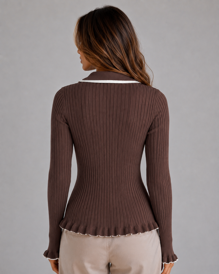 Fitted Ribbed Polo Sweater for Women – Contrast Collar, Gold-Tone Buttons, Ruffle Cuffs