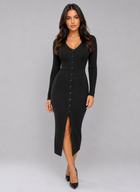 Slim-Fit Ribbed Knit Midi Dress for Women – V-Neck, Full Button Front, Front Split