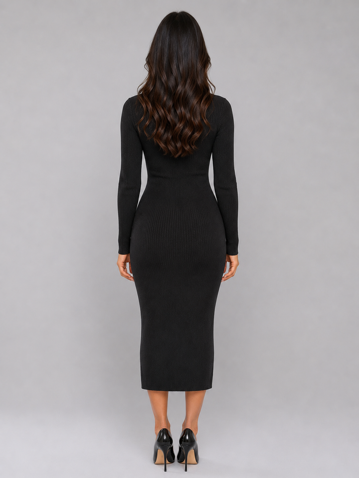 Slim-Fit Ribbed Knit Midi Dress for Women – V-Neck, Full Button Front, Front Split