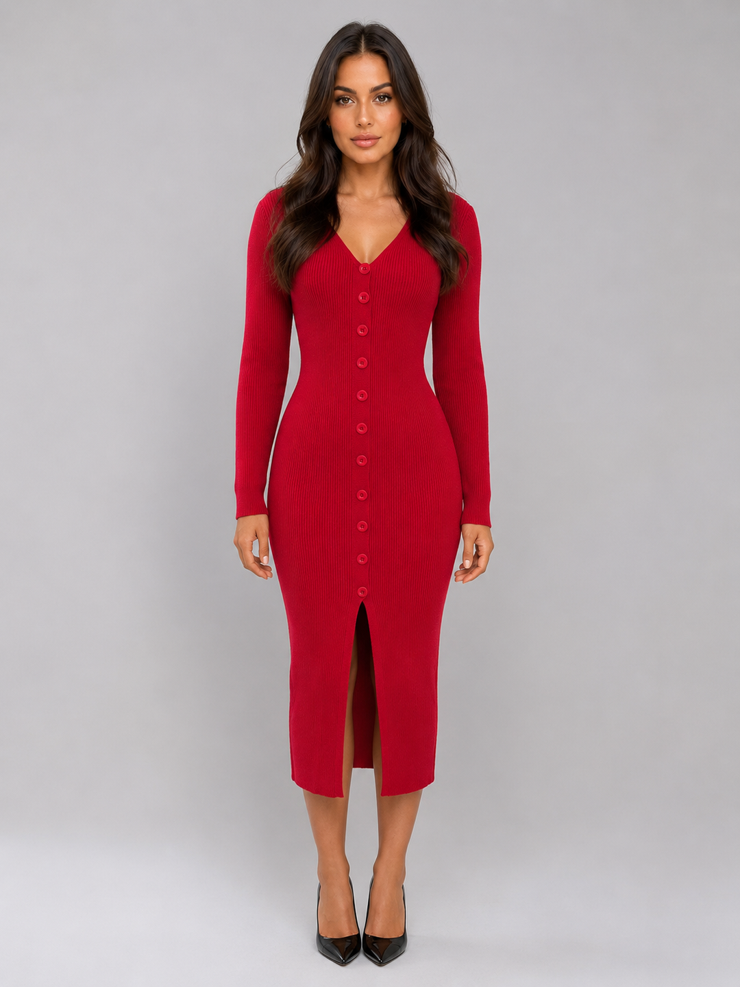 Slim-Fit Ribbed Knit Midi Dress for Women – V-Neck, Full Button Front, Front Split