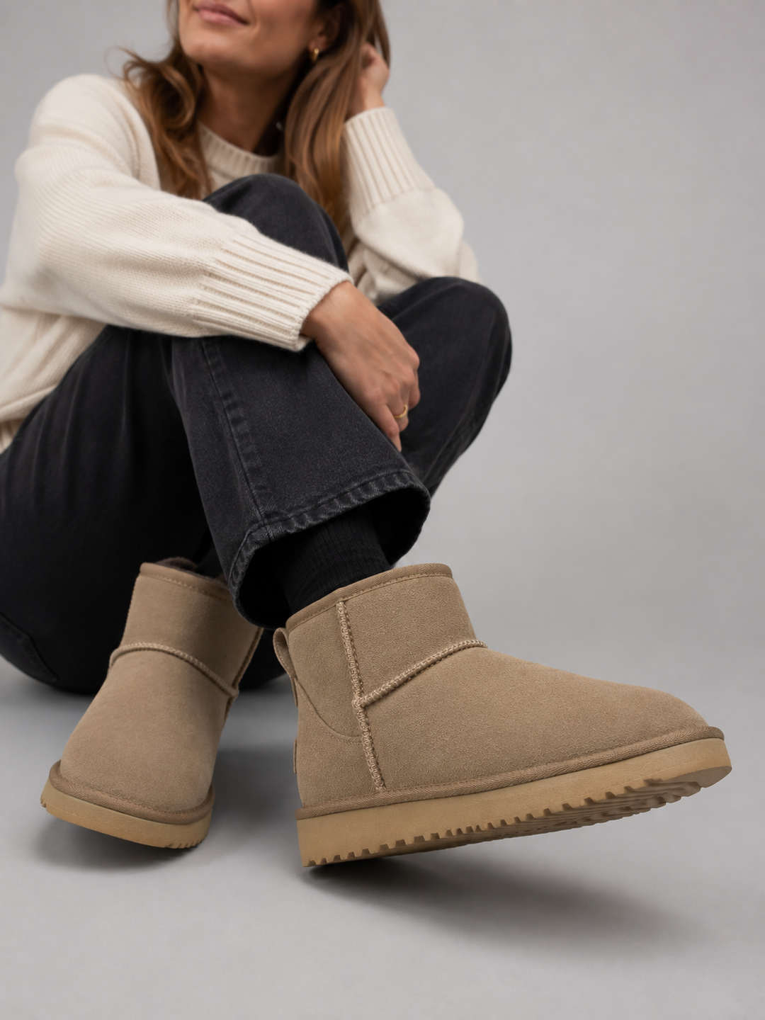 Slip-On Plush Lined Ankle Boots for Women – Brushed Finish, Flat Textured Sole