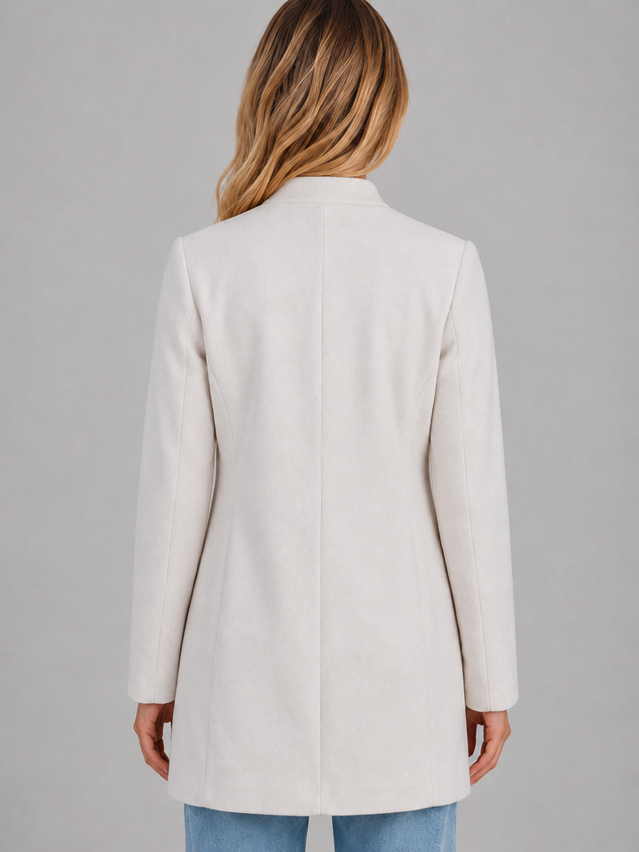 Longline Tailored Coat for Women – Covered Button Front, Structured Neckline
