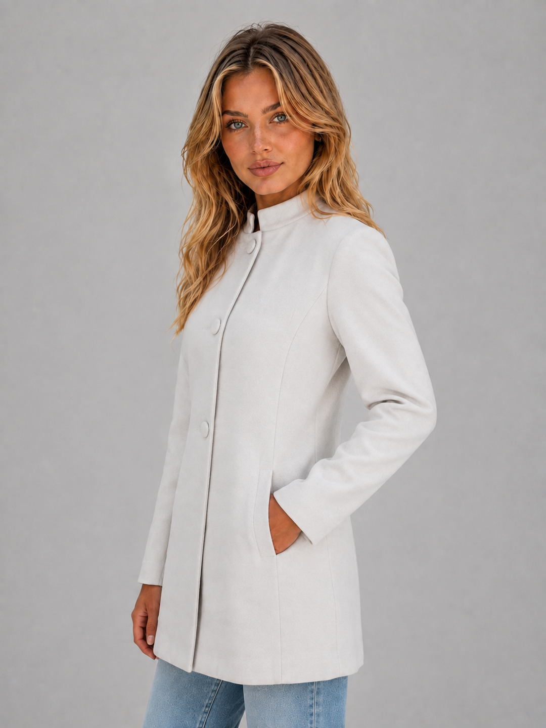 Longline Tailored Coat for Women – Covered Button Front, Structured Neckline