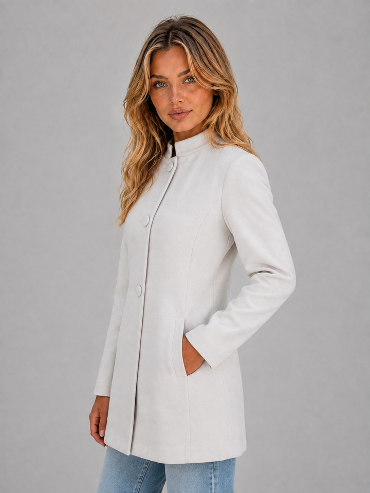 Longline Tailored Coat for Women – Covered Button Front, Structured Neckline