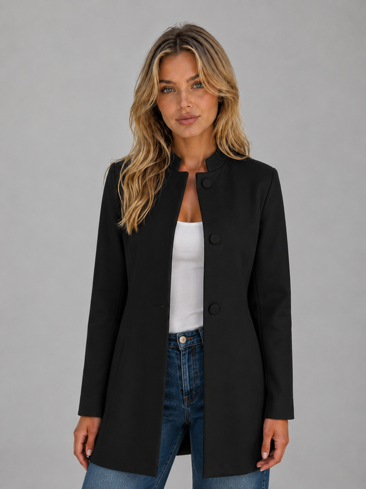 Longline Tailored Coat for Women – Covered Button Front, Structured Neckline