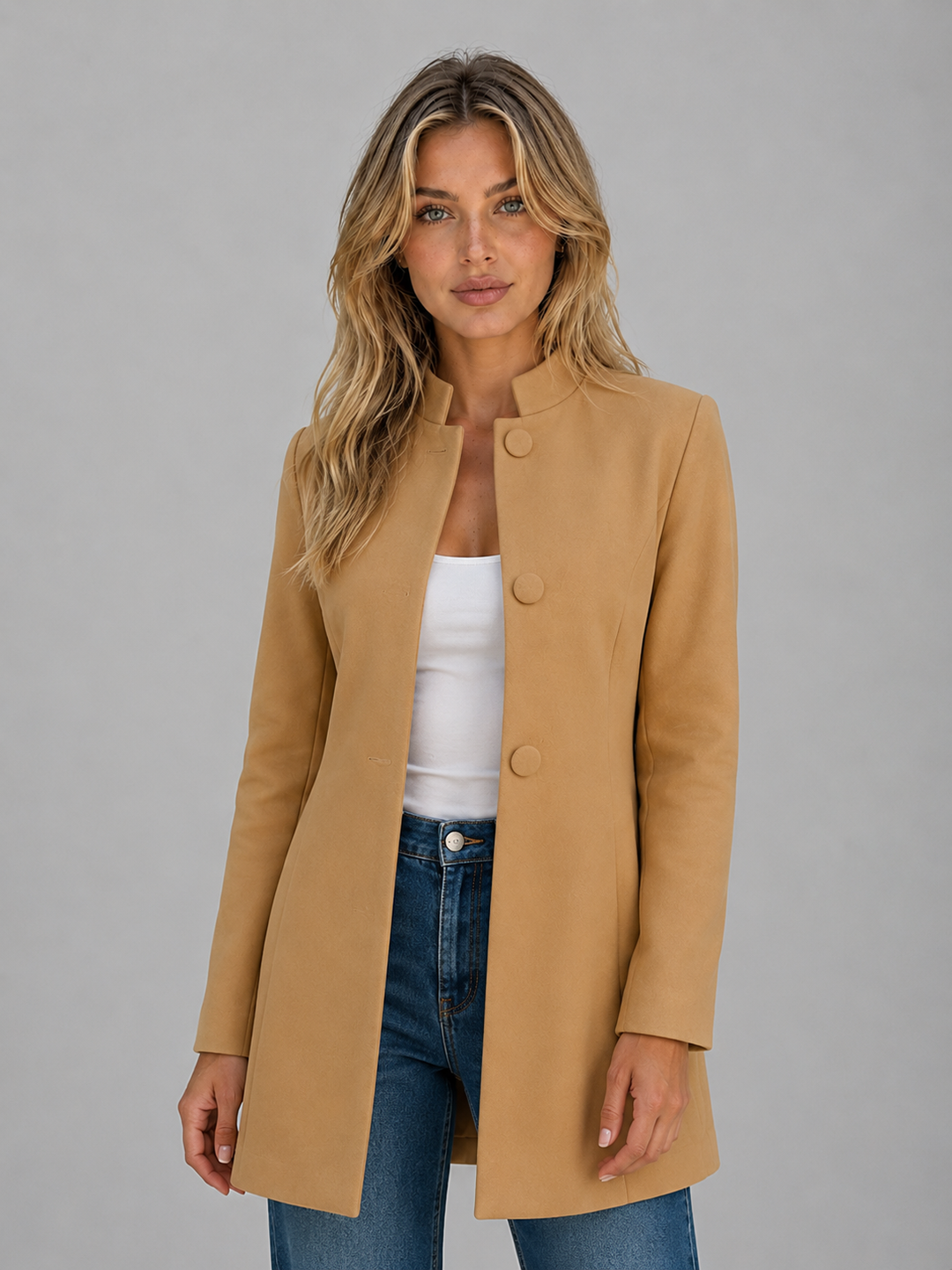 Longline Tailored Coat for Women – Covered Button Front, Structured Neckline