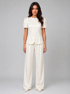 Women's Short Sleeve Blazer and Wide-Leg Pants Suit – Puff Shoulders, Covered Buttons