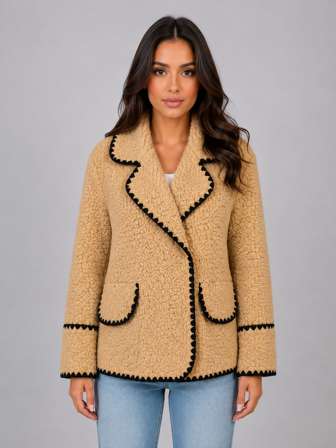 Teddy Fleece Jacket for Women – Wide Lapel, Contrast Edging, Patch Pockets in Beige