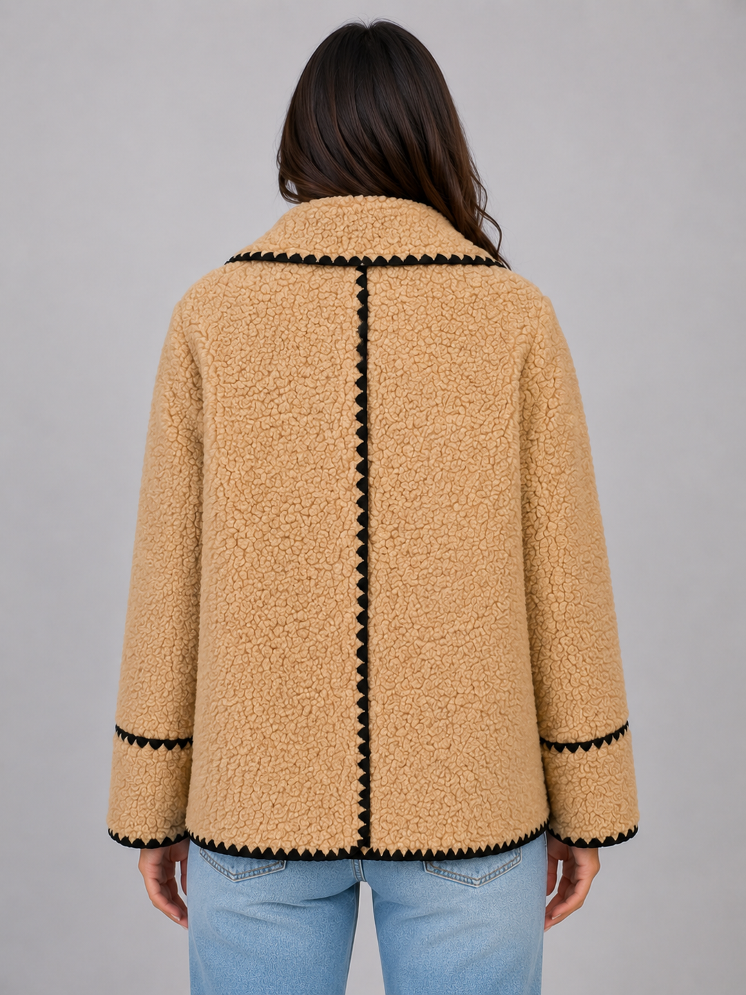Teddy Fleece Jacket for Women – Wide Lapel, Contrast Edging, Patch Pockets in Beige