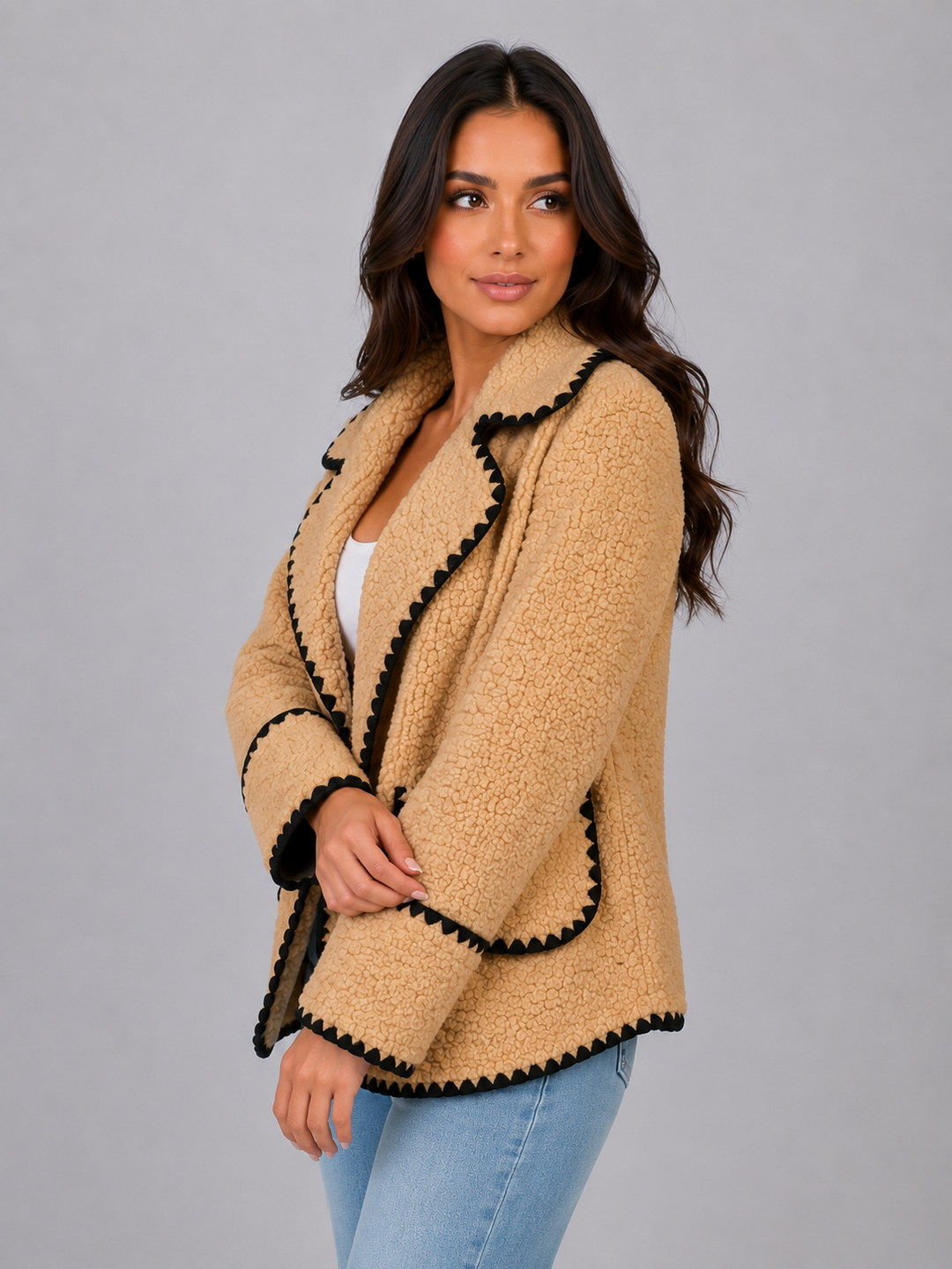 Teddy Fleece Jacket for Women – Wide Lapel, Contrast Edging, Patch Pockets in Beige