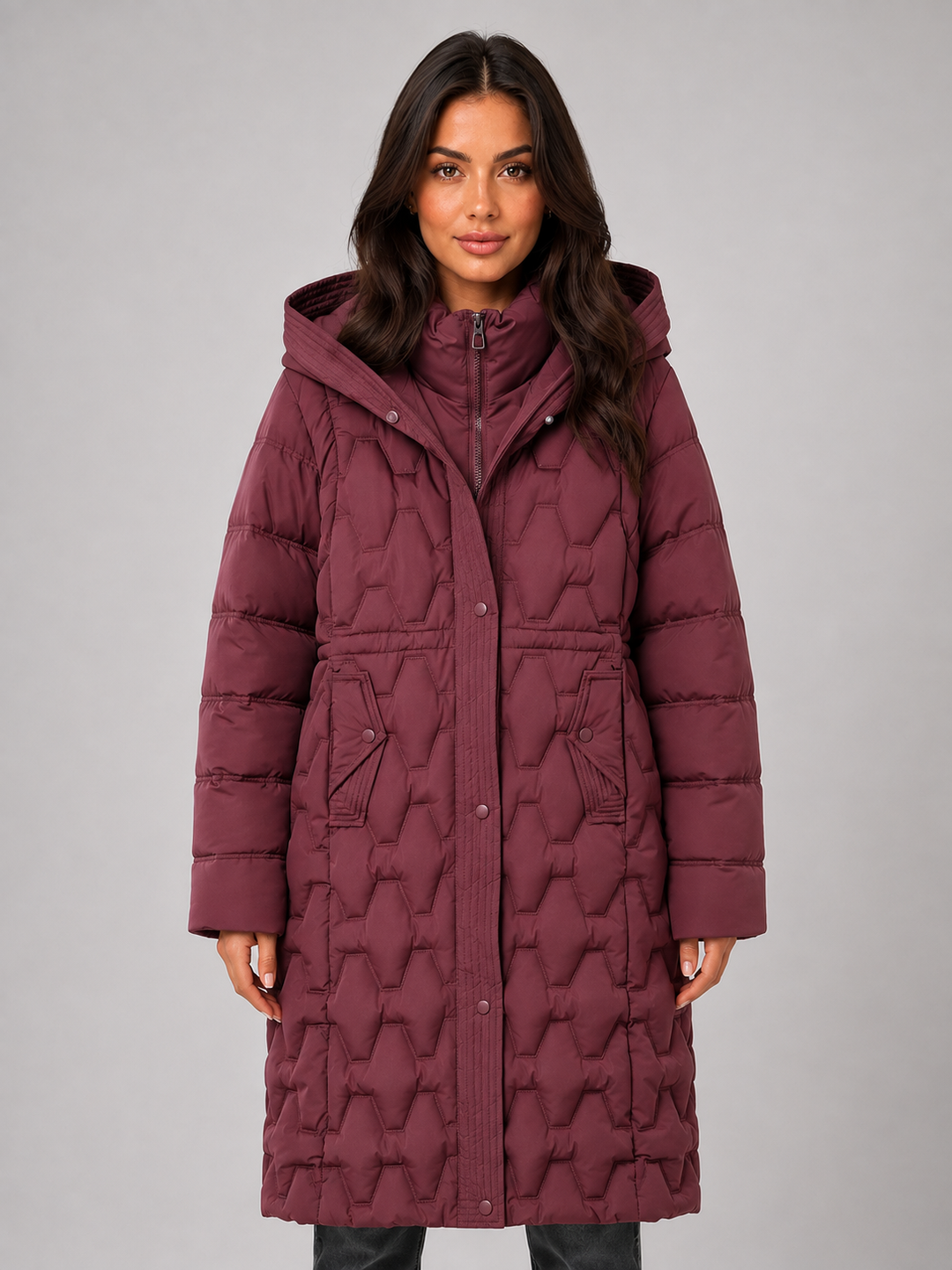 Geometric Quilted Long Puffer Coat for Women – Large Hood, Storm Placket, Zip Front