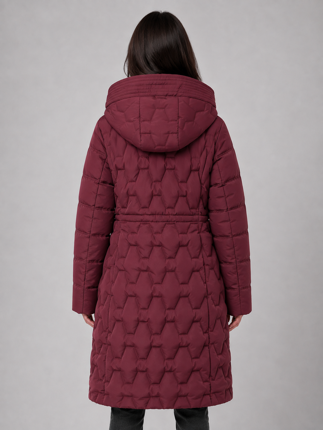 Geometric Quilted Long Puffer Coat for Women – Large Hood, Storm Placket, Zip Front