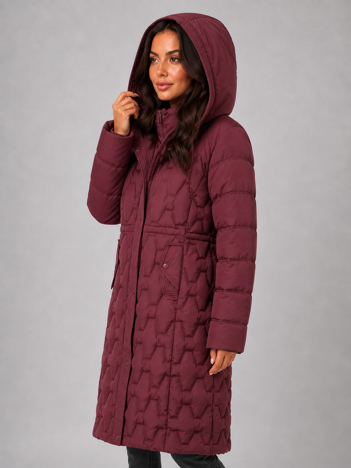 Geometric Quilted Long Puffer Coat for Women – Large Hood, Storm Placket, Zip Front