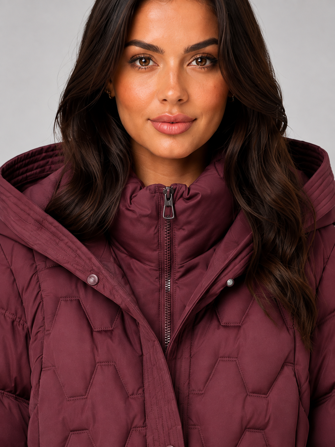 Geometric Quilted Long Puffer Coat for Women – Large Hood, Storm Placket, Zip Front