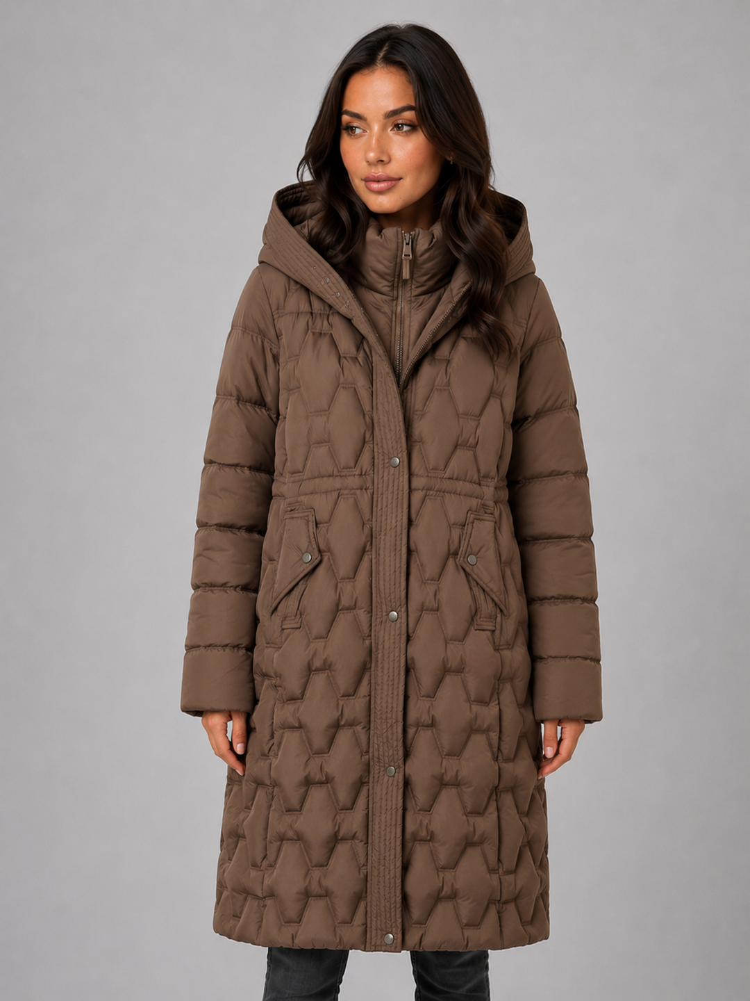 Geometric Quilted Long Puffer Coat for Women – Large Hood, Storm Placket, Zip Front