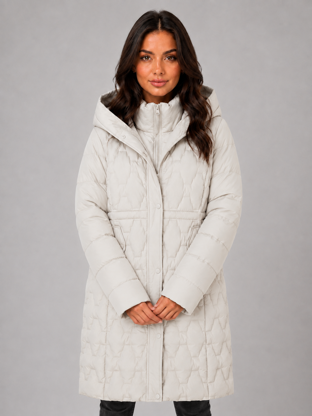 Geometric Quilted Long Puffer Coat for Women – Large Hood, Storm Placket, Zip Front