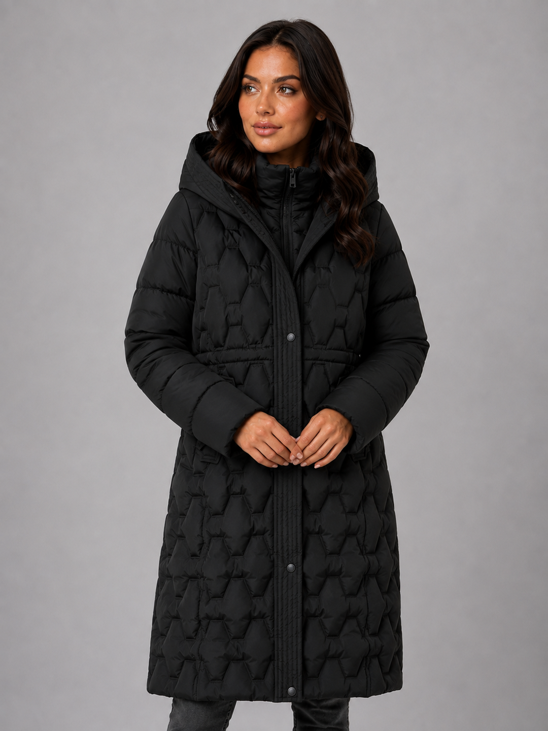 Geometric Quilted Long Puffer Coat for Women – Large Hood, Storm Placket, Zip Front